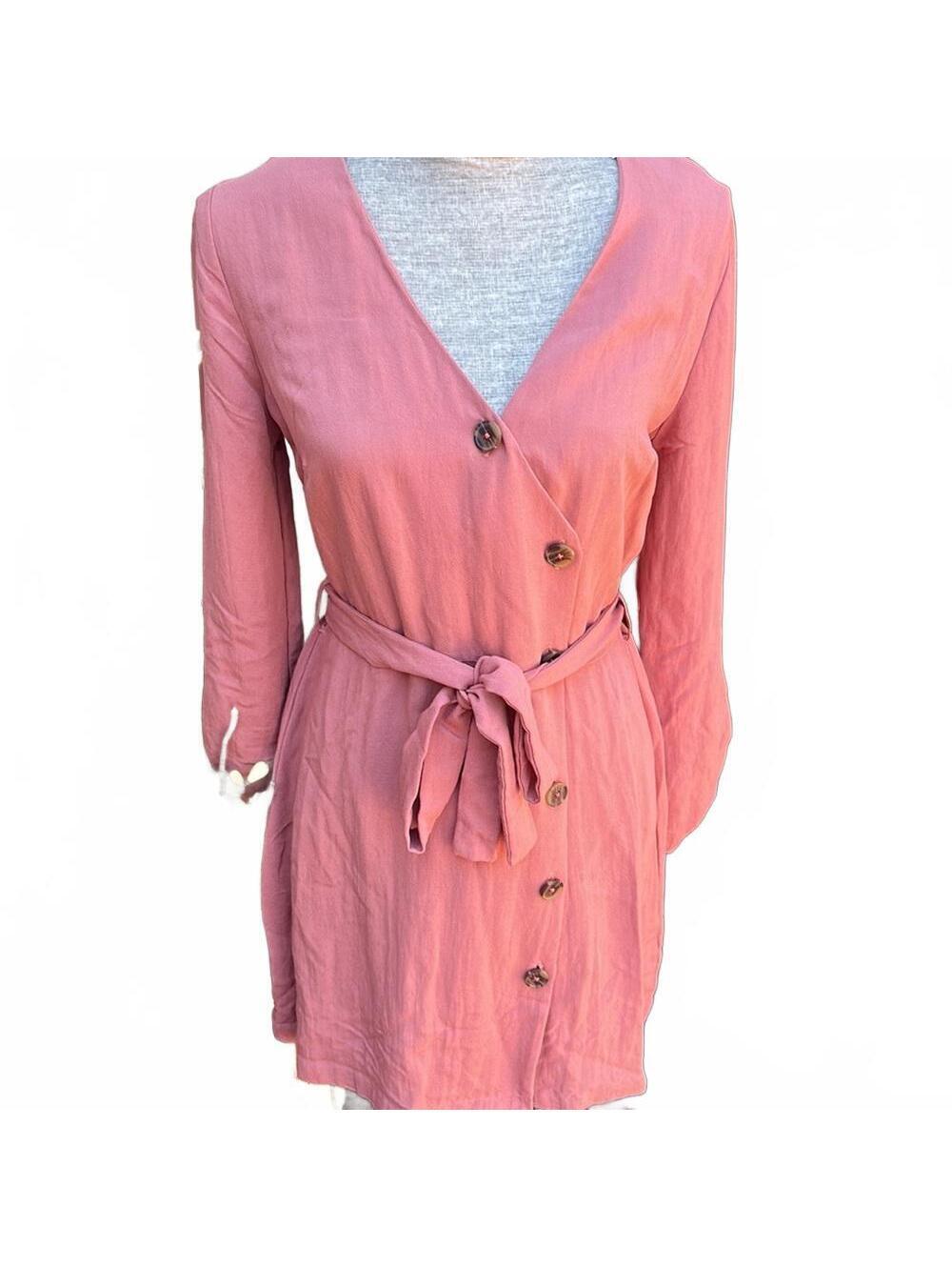 Lulus Pink Nude Button-Down Mini Dress with Belted Waistband